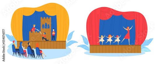 Children creativity, brood art theater, show young play, people humor happy, design, in cartoon style vector illustration.