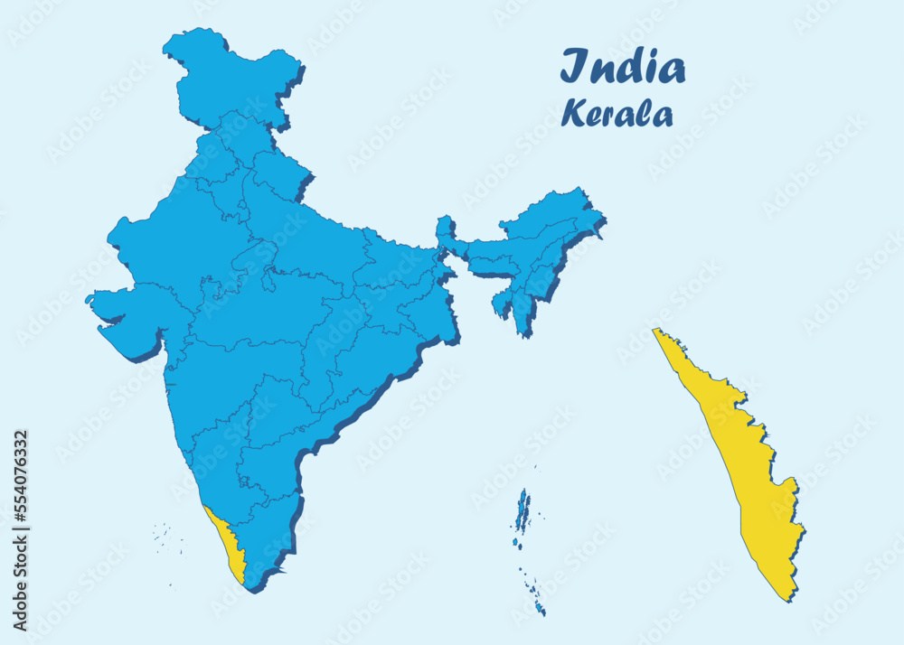 Political boundaries of Kerala. Kerala map. Kerala state. States and union territories of India, Federated states, Republic of India. Kerala map illustration