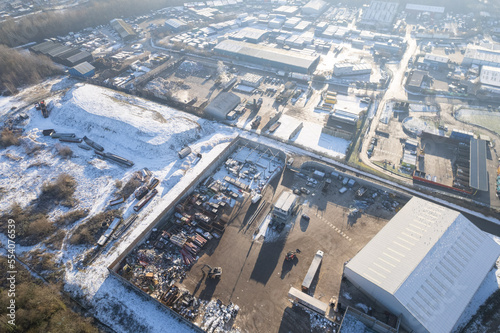 aerial view of a large industrial estate in Manchester, UK Recycling Plant. Snow winter weather © Sam Foster