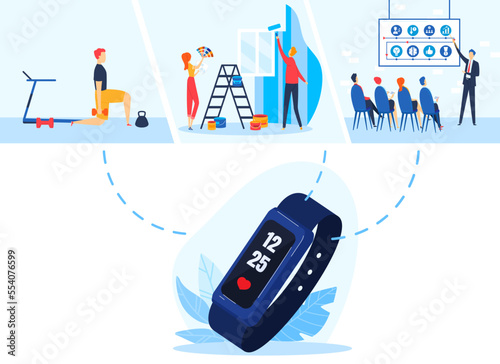 Clock watch fitness, wearable app, smart sport gadget, wireless time, touch wrist headset, design, flat style vector illustration.