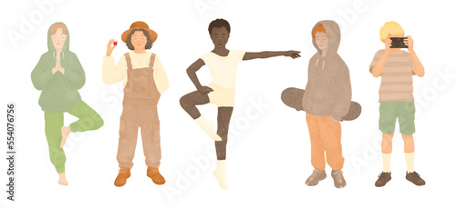 a group of five diverse multiracial little boys standing together with different aspirations on transparent background