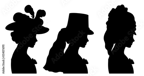 Profile silhouettes of beautiful young Victorian woman with three different types of hats.
