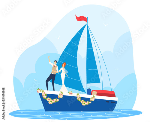 Cruise wedding ship, sea holiday love, happiness holiday, retro honeymoon couple, design, cartoon style vector illustration.