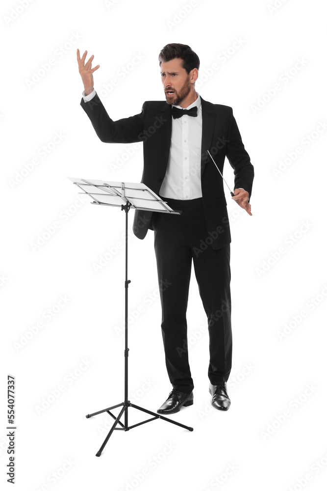Professional conductor with baton and note stand on white background Professional conductor with baton and note stand on white background