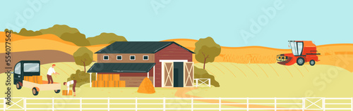 Farm agriculture landscape, nature field, men work, unloading car, countryside land, design, cartoon style vector illustration.