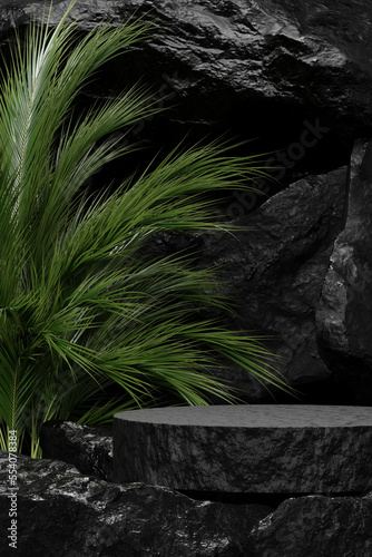 black Empty podium Blank product shelf standing backdrop. 3D rendering.