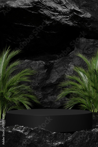 black Empty podium Blank product shelf standing backdrop. 3D rendering.
