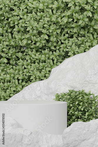 Empty whaite podium Blank product shelf standing backdrop. 3D rendering.
