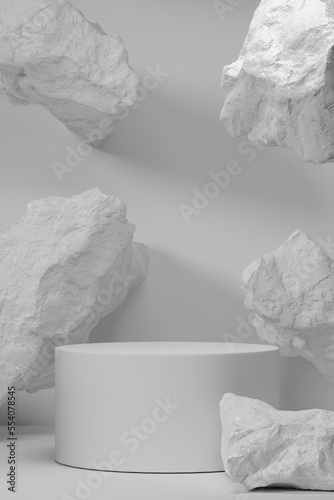 Empty whaite podium Blank product shelf standing backdrop. 3D rendering.