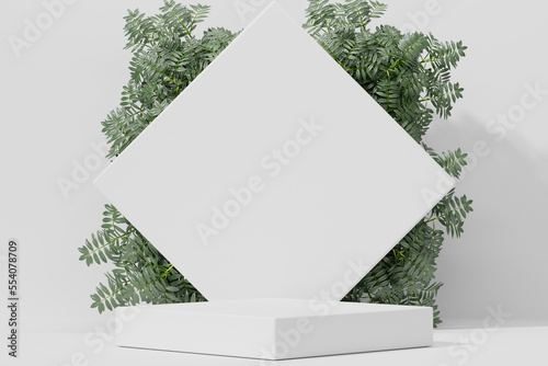 Empty whaite podium Blank product shelf standing backdrop. 3D rendering.