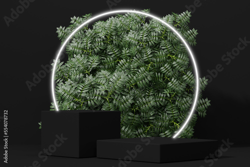 black Empty podium Blank product shelf standing backdrop. 3D rendering.