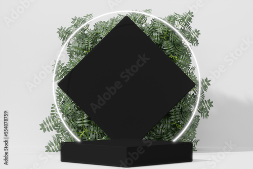 black Empty podium Blank product shelf standing backdrop. 3D rendering.