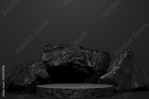 black Empty podium Blank product shelf standing backdrop. 3D rendering. © minny