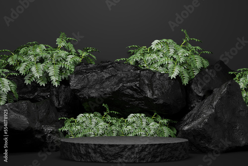 black Empty podium Blank product shelf standing backdrop. 3D rendering.