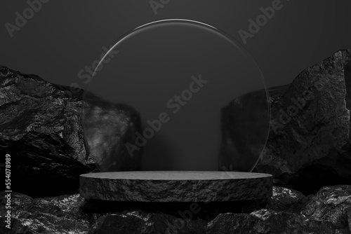 black Empty podium Blank product shelf standing backdrop. 3D rendering.