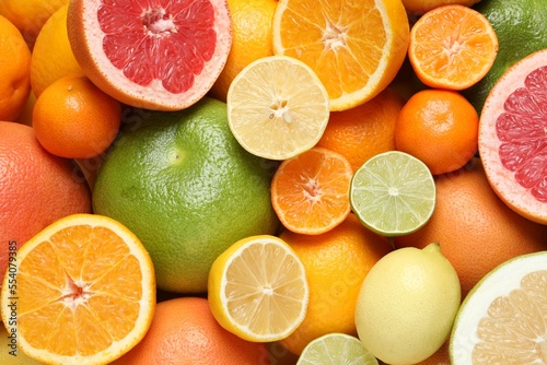 Different ripe citrus fruits as background, top view