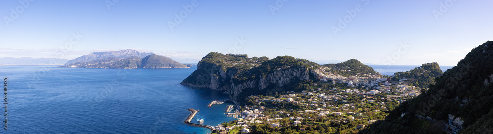 Obraz premium Touristic Town on Capri Island in Bay of Naples, Italy. Sunny Blue Sky. Panorama
