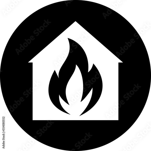 House in a black circle and fire inside danger logo