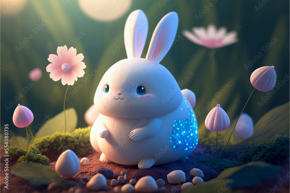 Easter rabbit illustration - cute rabbit character in the spring garden ...