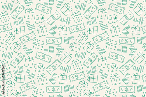 seamless pattern with gifts, dollar banknotes and coins; bonus, present, sale concept- vector illustration