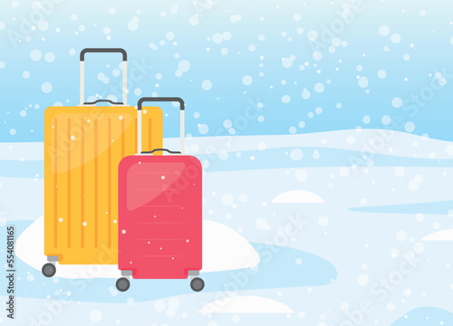 travel suitcases in winter scenery, ski resourt, winter mountain vacation concept- vector illustration