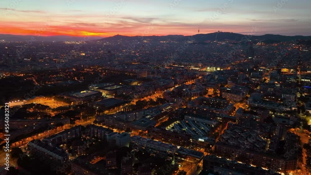 Aerial view of the Night Barcelona cityscape. Cityscape with typical urban octagon blocks. Catalonia, Spain Aerial view of the Night Barcelona cityscape. Cityscape with typical urban octagon blocks. Catalonia, Spain