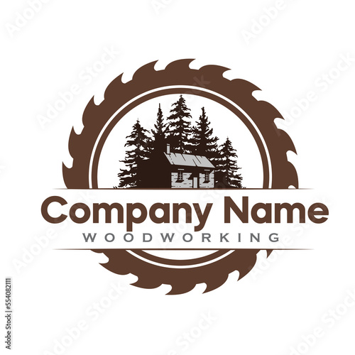 saw blade woodworking logo design with home and trees