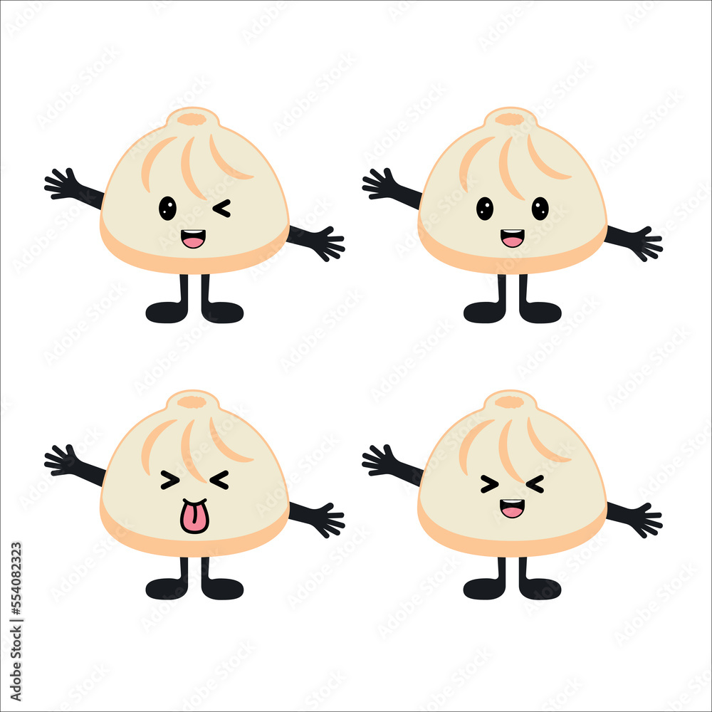 Fototapeta premium Set of Cute kawaii dumpling with eyes, smile emoji, hands and legs. Flat design vector illustration