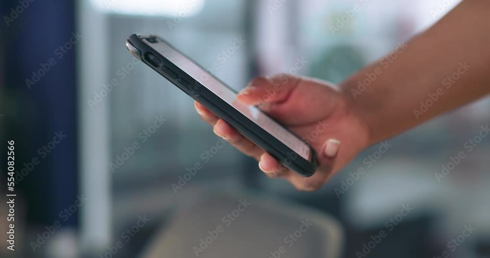Phone scroll, black woman and hands with technology reading a social media and online review. Web, internet and digital media check of a person holding mobile with wifi connection and social network