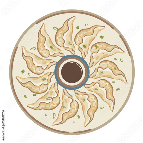 Jiaozi. Chinese New Year fried dumplings, shaped like ancient silver and gold ingots. Wealthy, prosperous. Circle, sun, soy sauce. For menu, cafe, advertising.