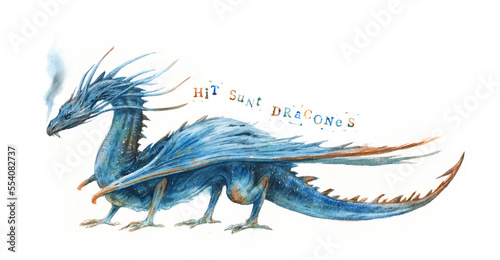Quadro su tela Watercolor illustration of a blue dragon on a white background
