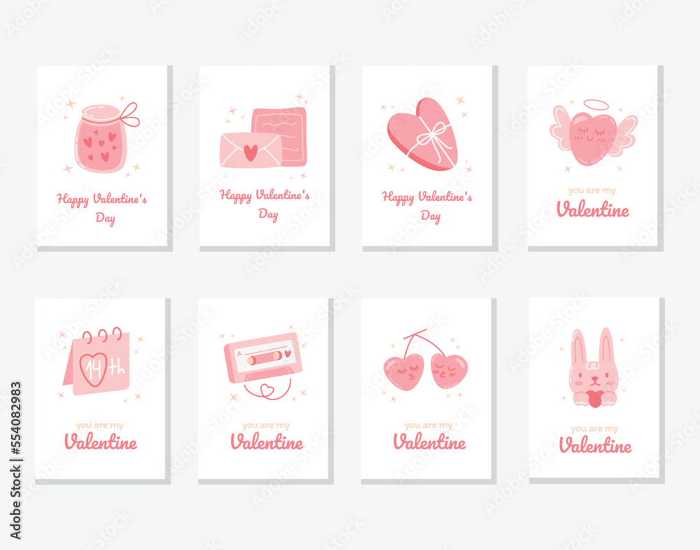 Collection of pink, white colored Valentine's day card, sale and other flyer templates. Typography poster, card, label, banner design set. Vector illustration EPS10