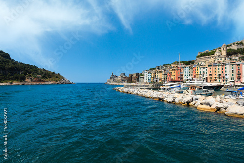 Beautiful medieval fisherman town of Portovenere bay (near Cinque Terre, Liguria, Italy). Harbor wit boats and yachts. People unrecognizable.