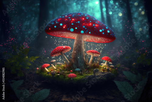 magical fungi Fly agaric in the forest, a magnificent woodland thicket. Fantasy moss with glowing mushrooms. Generative AI