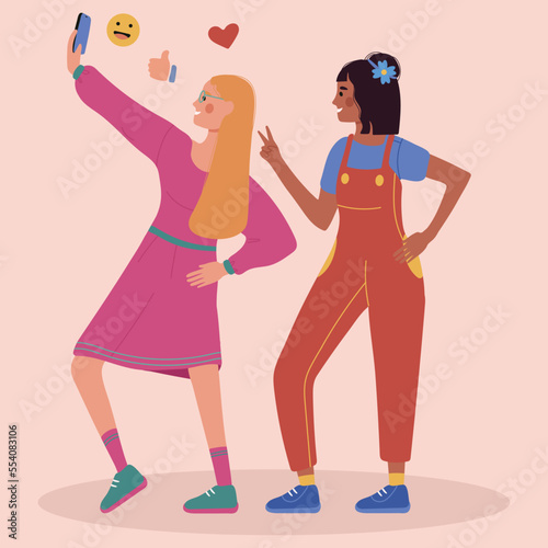 Two girls take a selfie, stand in profile in different poses and different races. Like, heart and emoticon icon on background. Vector illustration on a light background.