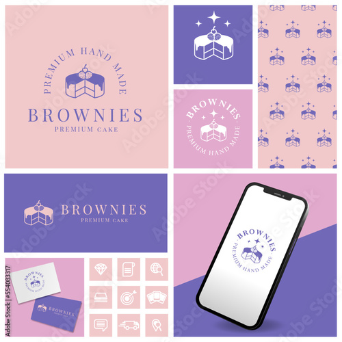 vintage brownies cake logo with seamless pattern and template set	
