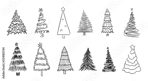Weird modern Christmas tree doodle collection. Hand drawn Christmas trees.