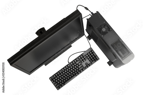 Obraz na płótnie Black desktop computer with monitor and keyboard top view. Isolated png with transparency w salonie