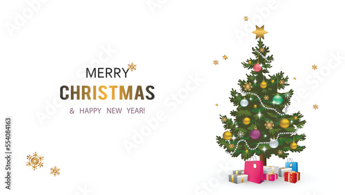 Christmas tree with golden balls and snowflakes, colored toys, garlands decorations and lots of presents nearby. Christmas background with a congratulatory inscription for a greeting card or banner.