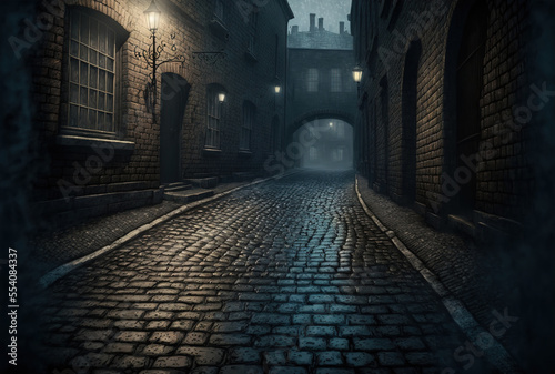 Background texture of an old cobblestone street with a gloomy vignette. Generative AI