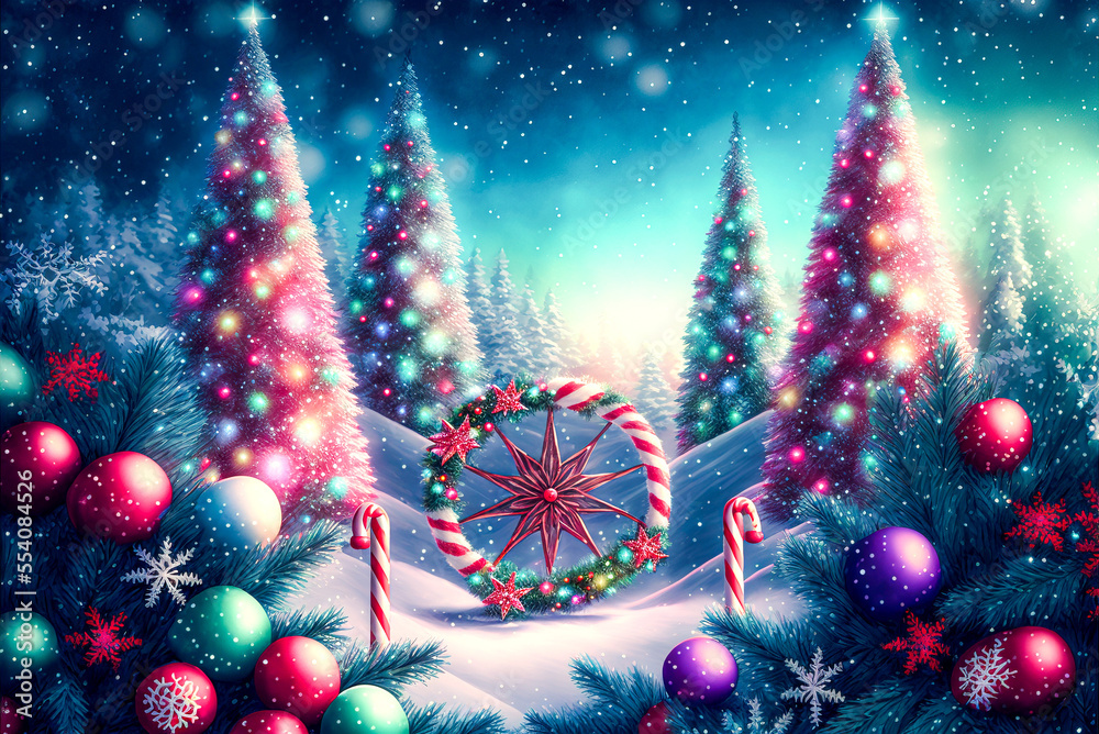 custom made wallpaper toronto digitalA beautiful Merry Christmas scene with a festive night snow background and a winter landscape. A Happy New Year and Christmas Wallpaper. A Generative AI digital illustration.