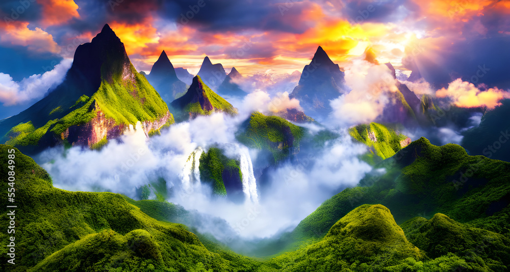 Ai Digital Illustration Mystical Landscape With Waterfalls