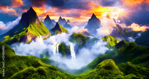 Ai Digital Illustration Mystical Landscape With Waterfalls © Oblivion VC