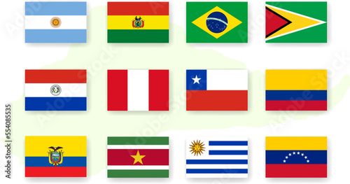 Set of flags of South American countries in proportion 2:3 with shadow