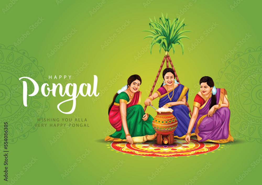 new illustration of Happy Pongal Holiday Harvest Festival of Tamil Nadu woman's making Pongal. vector background design - obrazy, fototapety, plakaty 