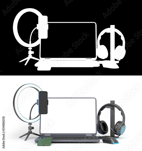 modern laptop with empty screan and accessories for streaming 3d render image on white with alpha photo