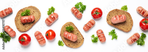 Concept of tasty food  grilled mini sausage  top view