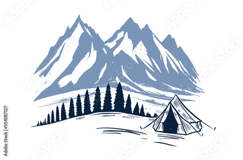 Camping in nature, mountains, hand drawn illustrations
