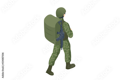Isometric Military backpack war, hiking, army, camouflage equipment. Army Soldier in Protective Combat Uniform holding Assault Rifle with Military backpack war on white background. Army, military
