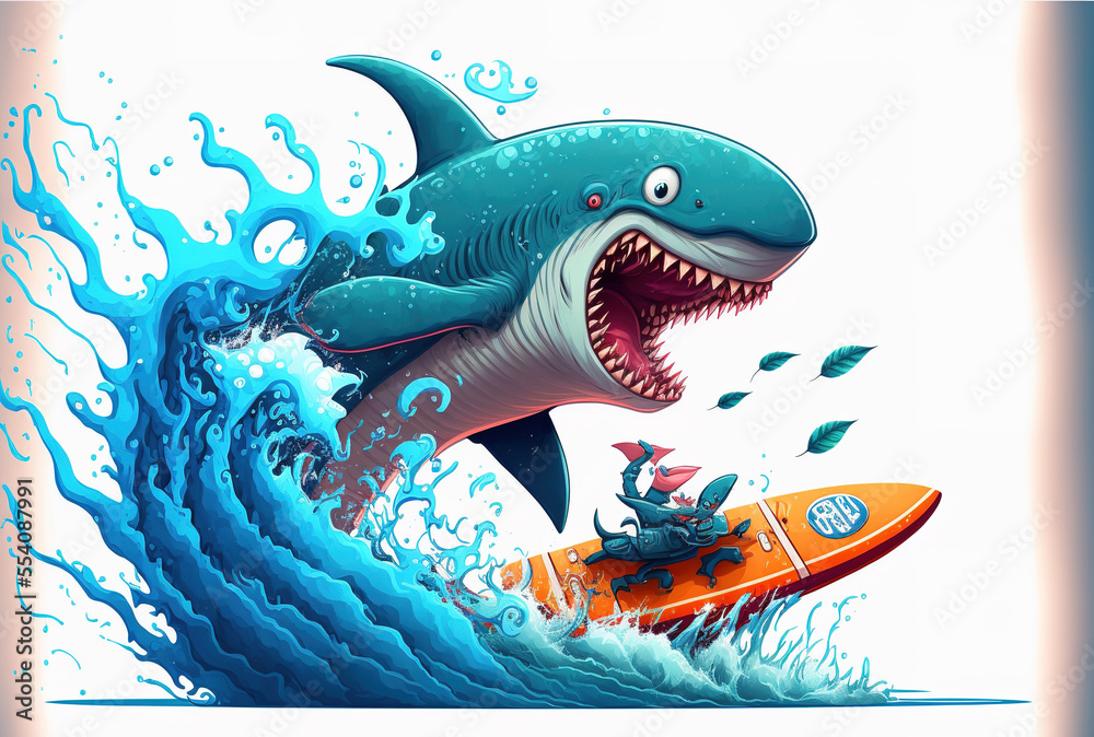 Fototapeta premium Shark cartoon creature surfing with a doodle. Generative AI